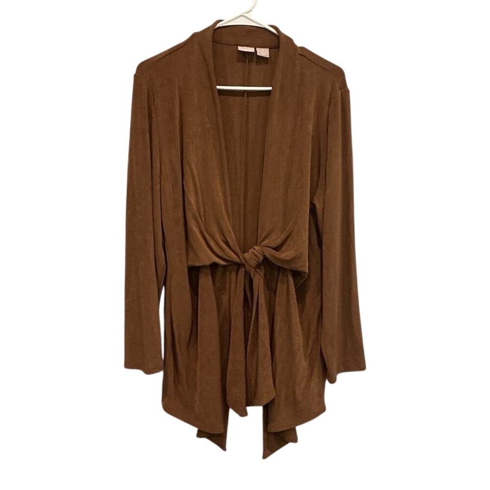 Chicos Travelers Womens Long Line Slinky Wrap Cardigan Tan Travel Size L 2 Work